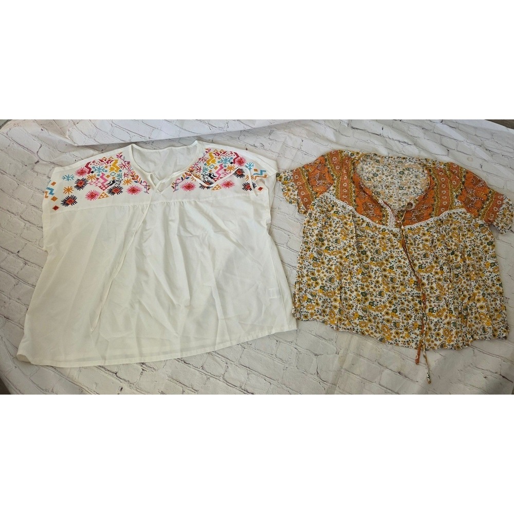 SHEIN CURVE 4XL White Embroidered Peasant Blouse & Floral Boho Top Lot of 2